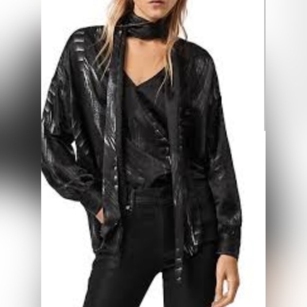 Allsaints Black Print Casey Viola Silk Blend Bow Tie Blouse Long Sleeve Size 8